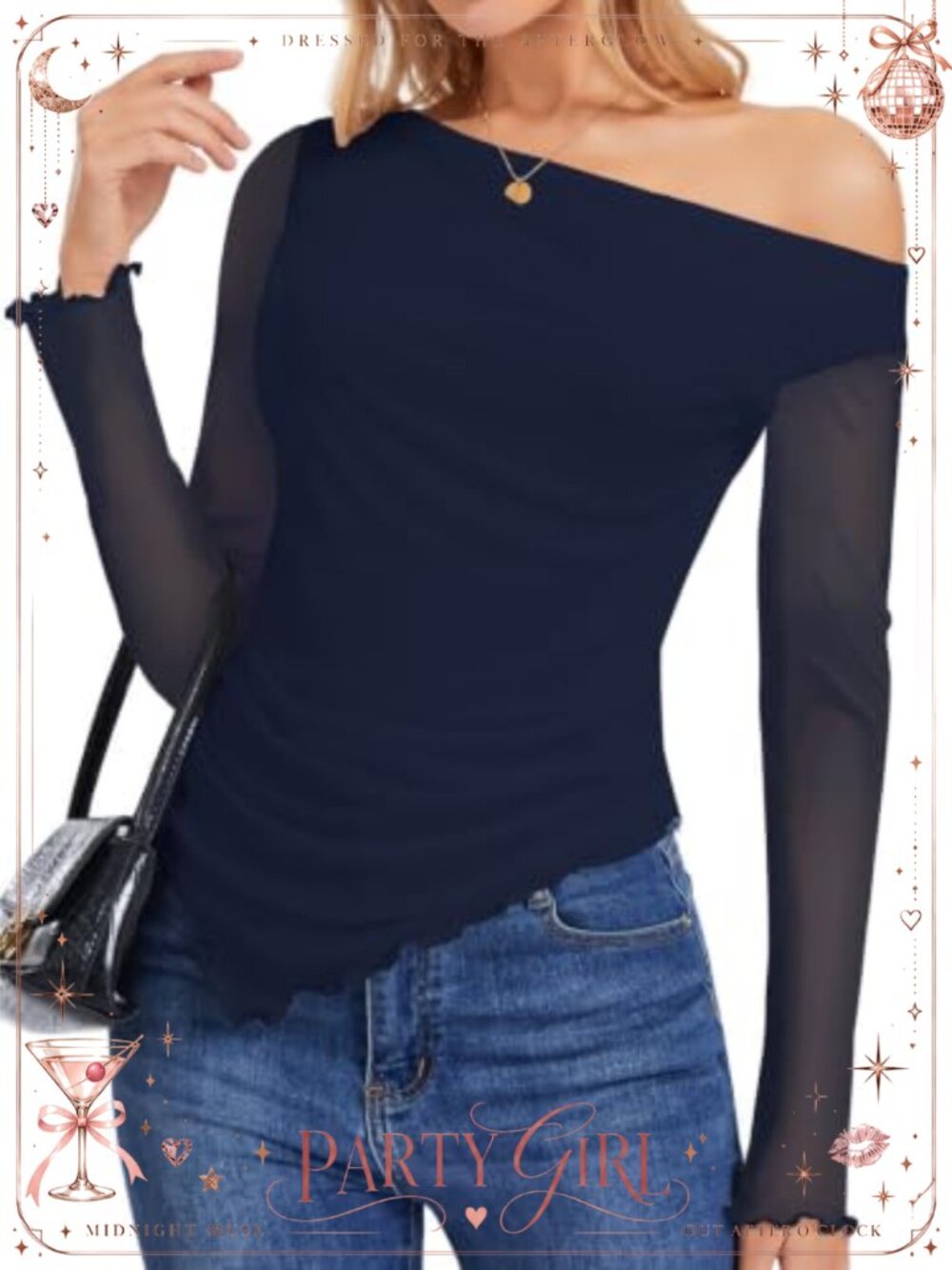 Mesh One Shoulder Long Sleeve Blouse Asymmetrical Ruched Slim Fit Top